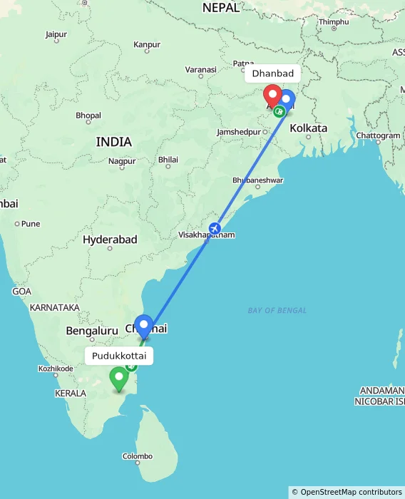 Route map showing distance and travel time from Pudukkottai, India to Dhanbad, India