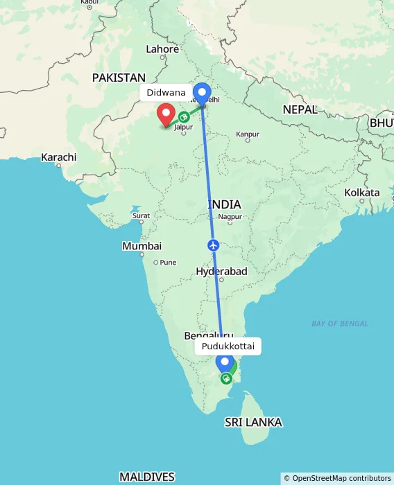 Route map showing distance and travel time from Pudukkottai, India to Didwana, India