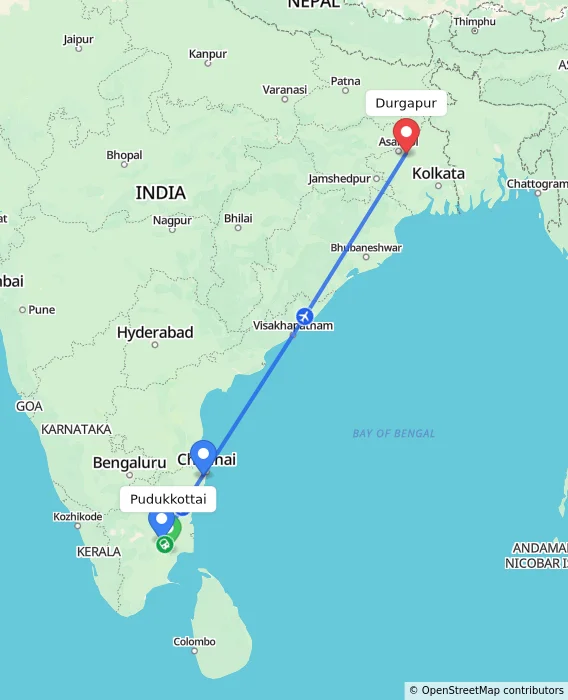Route map showing distance and travel time from Pudukkottai, India to Durgapur, India