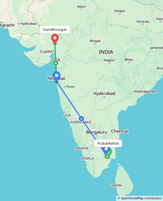 Route map showing distance and travel time from Pudukkottai, India to Gandhinagar, India
