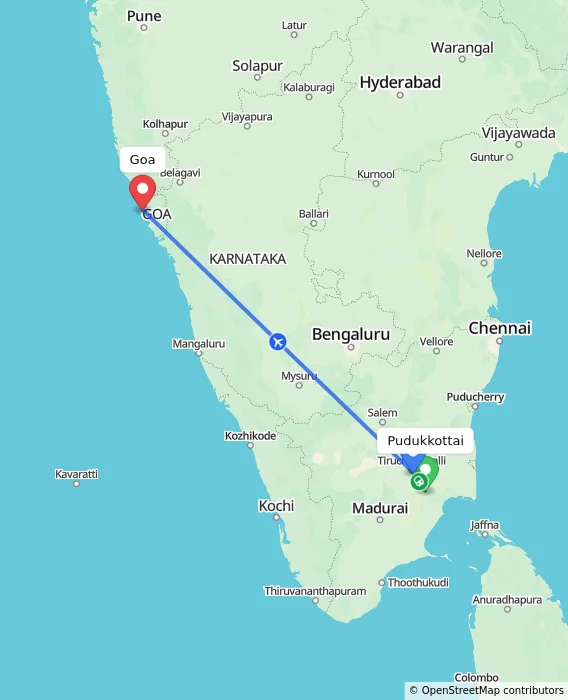 Route map showing distance and travel time from Pudukkottai, India to Goa, India
