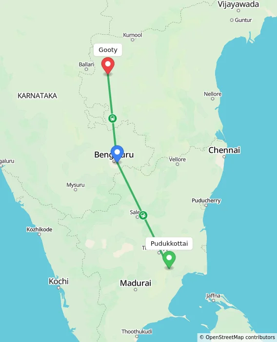 Route map showing distance and travel time from Pudukkottai, India to Gooty, India