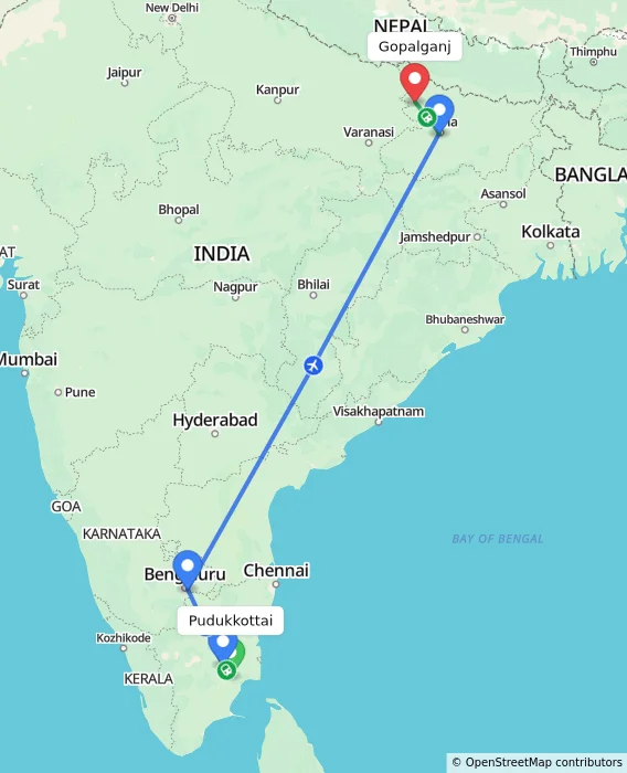 Route map showing distance and travel time from Pudukkottai, India to Gopalganj, India
