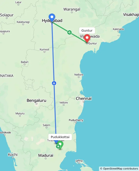 Route map showing distance and travel time from Pudukkottai, India to Guntur, India