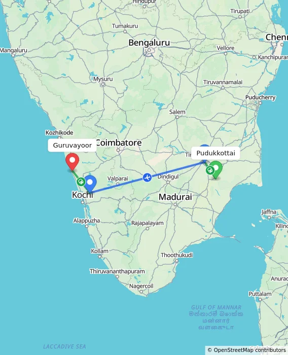 Route map showing distance and travel time from Pudukkottai, India to Guruvayoor, India