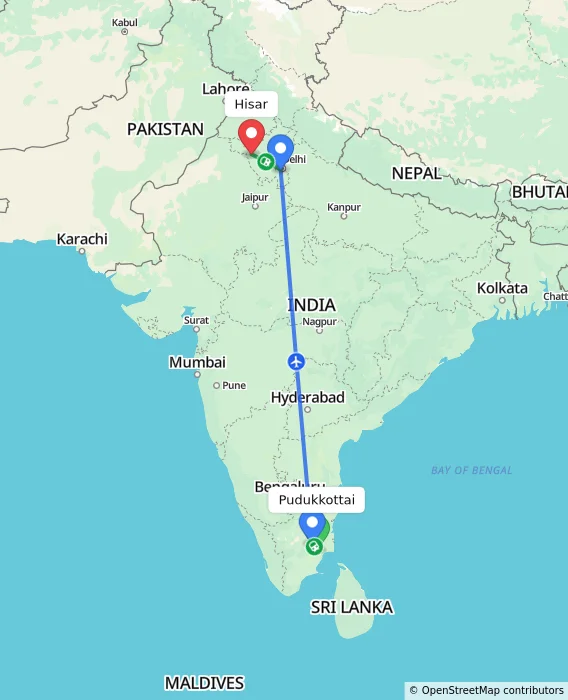 Route map showing distance and travel time from Pudukkottai, India to Hisar, India