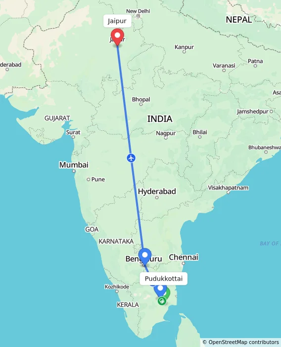 Route map showing distance and travel time from Pudukkottai, India to Jaipur, India