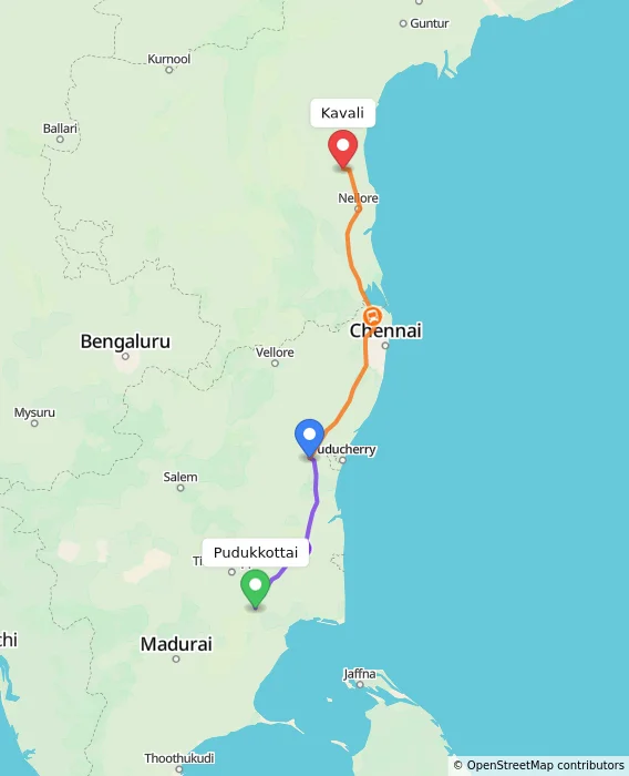 Route map showing distance and travel time from Pudukkottai, India to Kavali, India