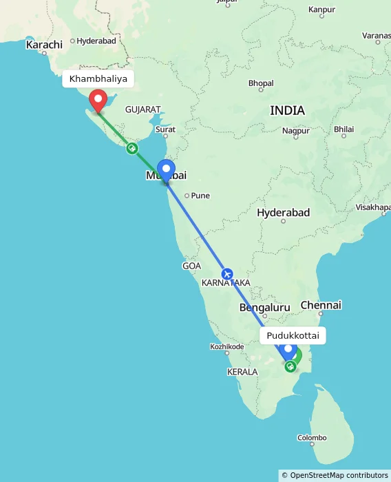 Route map showing distance and travel time from Pudukkottai, India to Khambhaliya, India