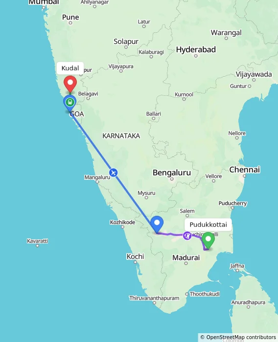 Route map showing distance and travel time from Pudukkottai, India to Kudal, India