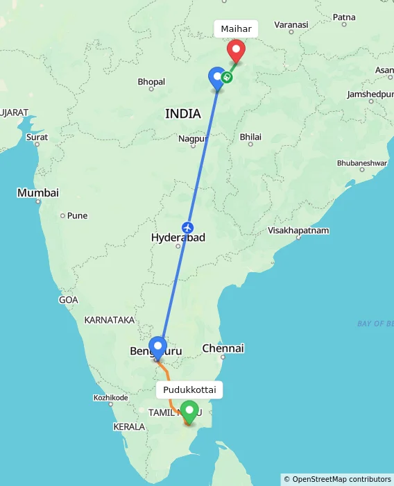 Route map showing distance and travel time from Pudukkottai, India to Maihar, India