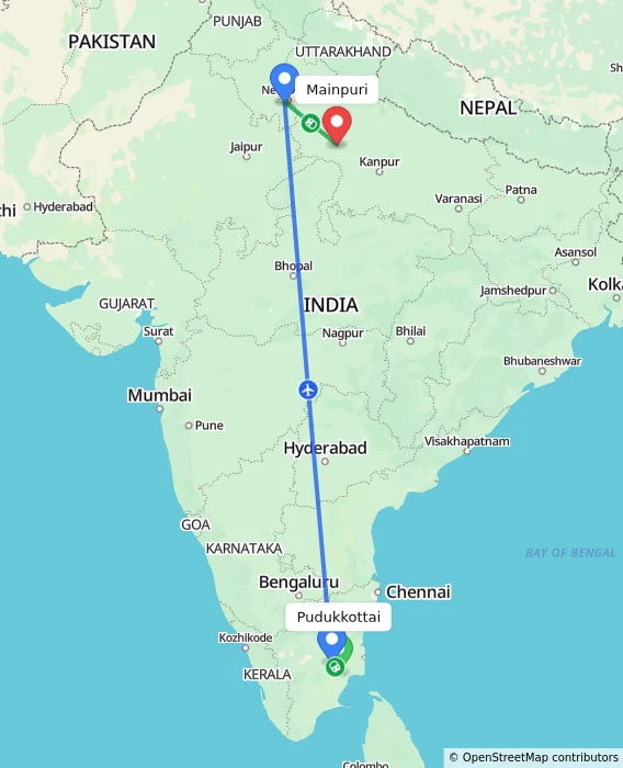 Route map showing distance and travel time from Pudukkottai, India to Mainpuri, India