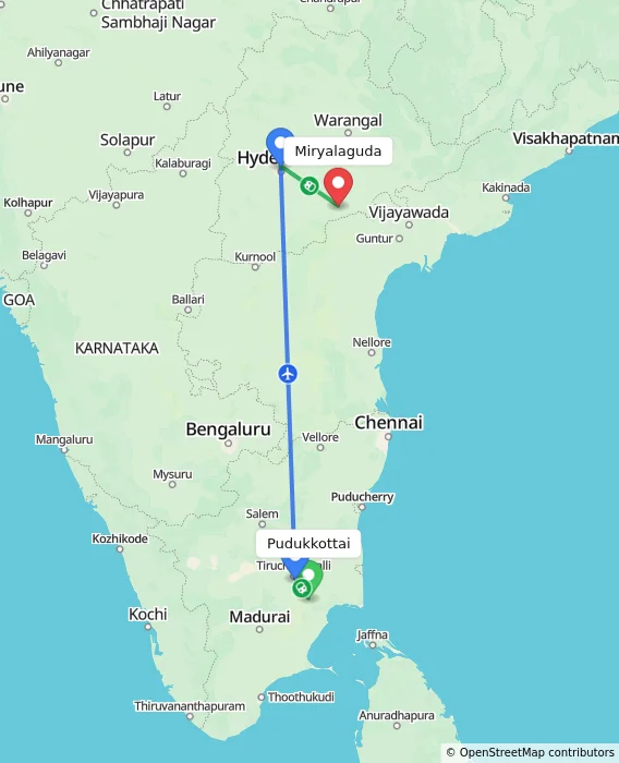 Route map showing distance and travel time from Pudukkottai, India to Miryalaguda, India