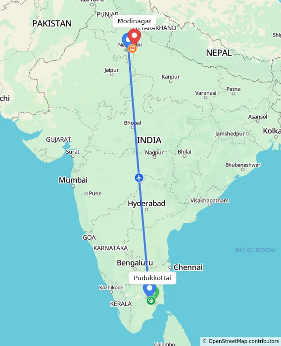 Route map showing distance and travel time from Pudukkottai, India to Modinagar, India