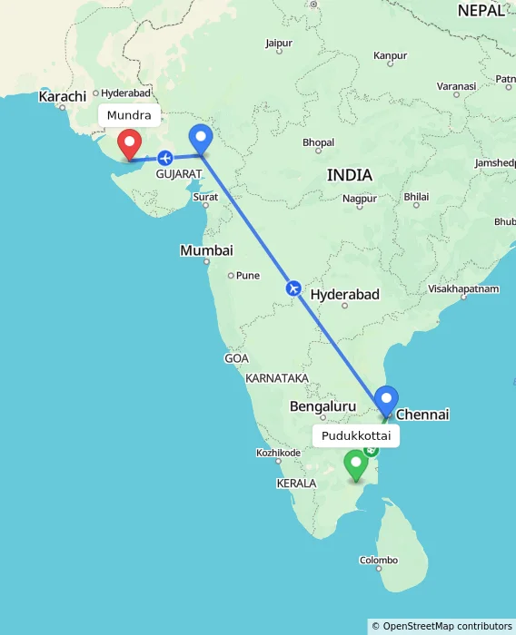 Route map showing distance and travel time from Pudukkottai, India to Mundra, India