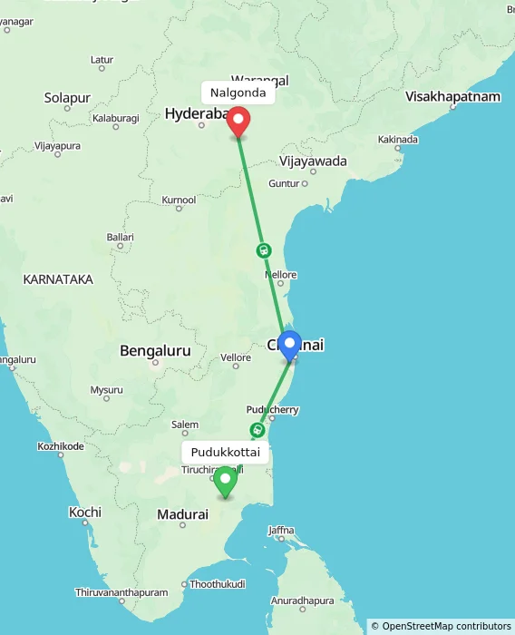 Route map showing distance and travel time from Pudukkottai, India to Nalgonda, India