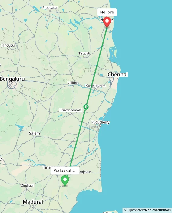 Route map showing distance and travel time from Pudukkottai, India to Nellore, India