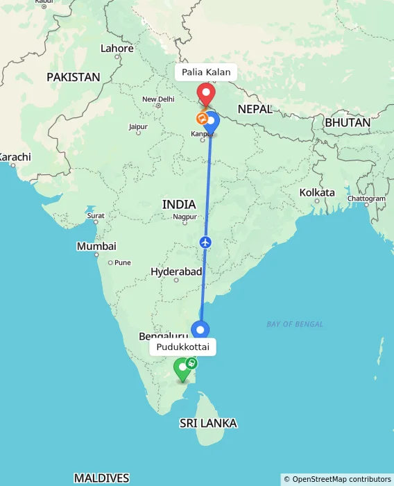 Route map showing distance and travel time from Pudukkottai, India to Palia Kalan, India
