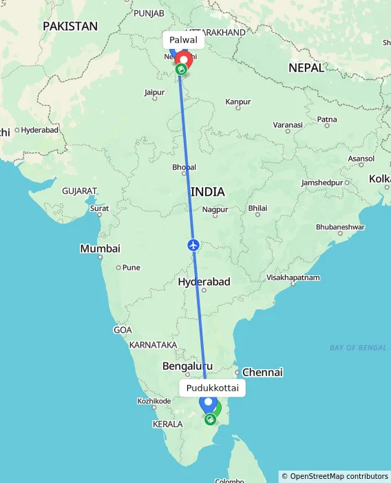 Route map showing distance and travel time from Pudukkottai, India to Palwal, India