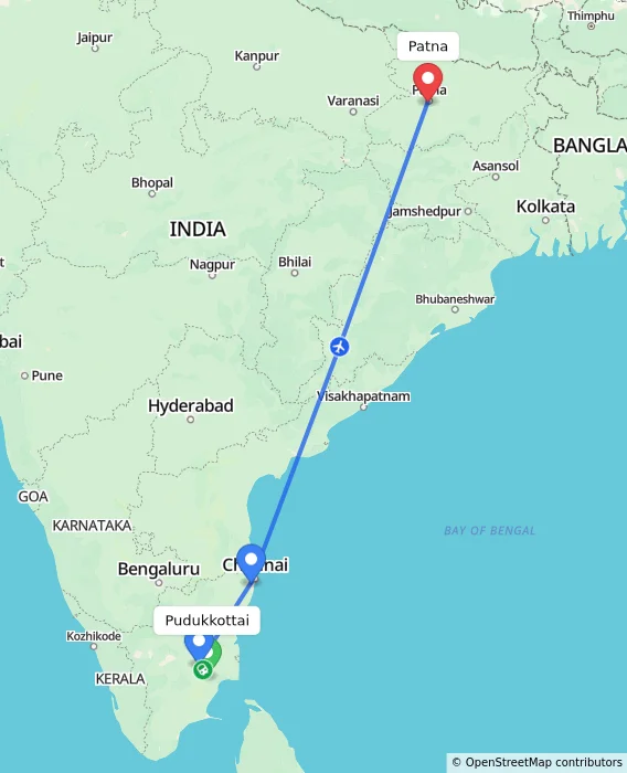 Route map showing distance and travel time from Pudukkottai, India to Patna, India