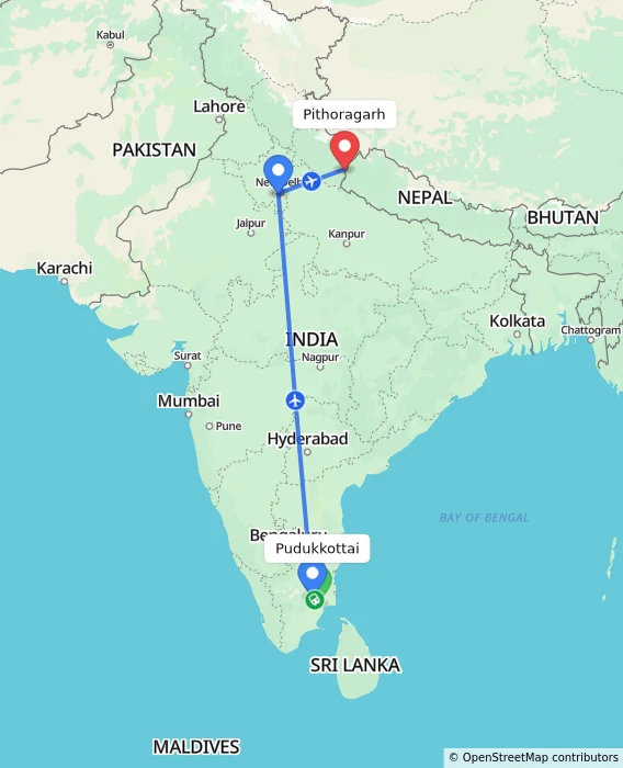 Route map showing distance and travel time from Pudukkottai, India to Pithoragarh, India