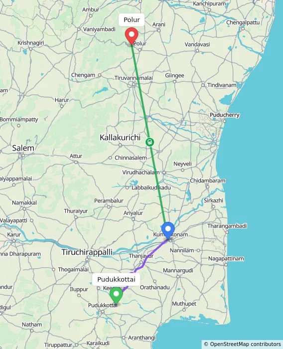 Route map showing distance and travel time from Pudukkottai, India to Polur, India