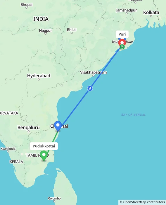 Route map showing distance and travel time from Pudukkottai, India to Puri, India