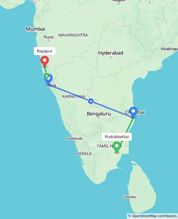 Route map showing distance and travel time from Pudukkottai, India to Rajapur, India