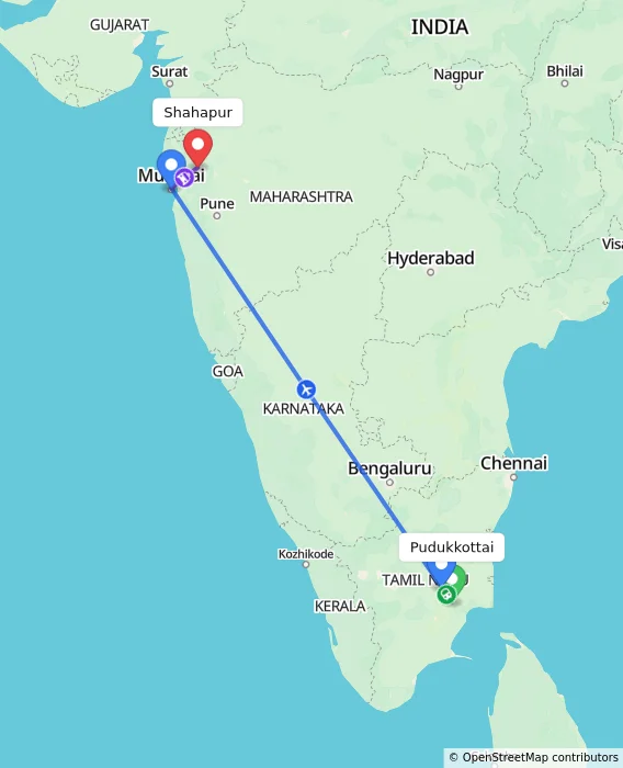 Route map showing distance and travel time from Pudukkottai, India to Shahapur, India