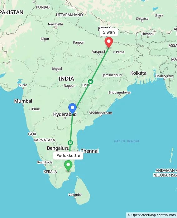Route map showing distance and travel time from Pudukkottai, India to Siwan, India