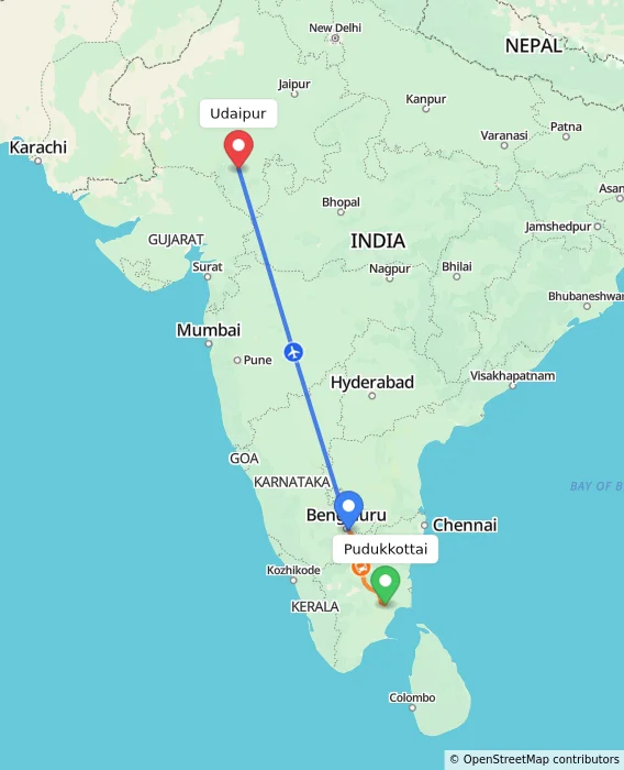 Route map showing distance and travel time from Pudukkottai, India to Udaipur, India