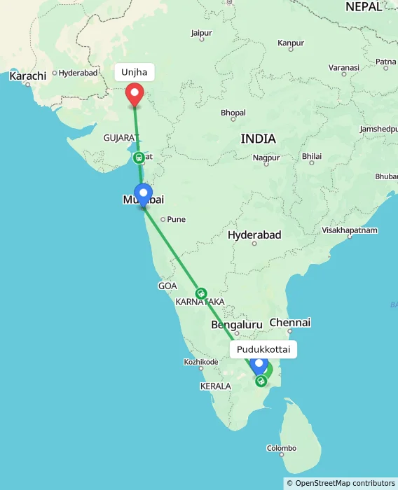 Route map showing distance and travel time from Pudukkottai, India to Unjha, India