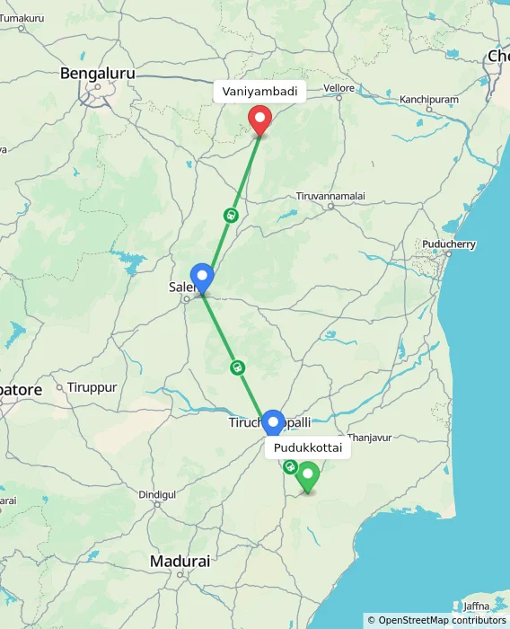 Route map showing distance and travel time from Pudukkottai, India to Vaniyambadi, India