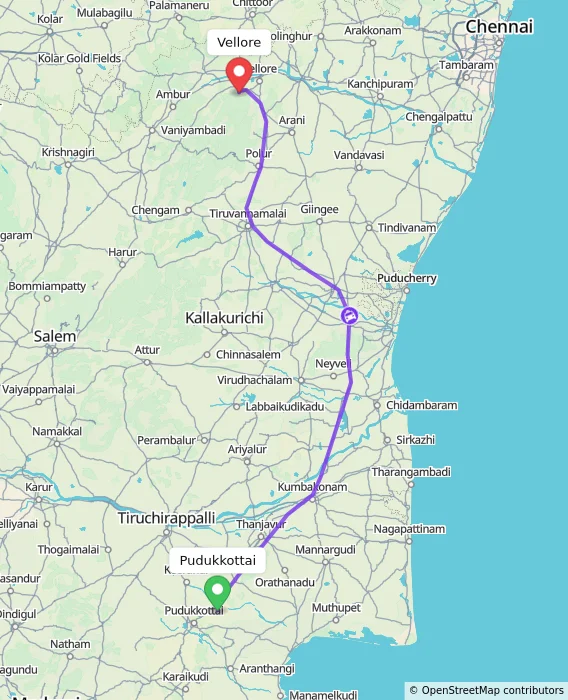 Route map showing distance and travel time from Pudukkottai, India to Vellore, India