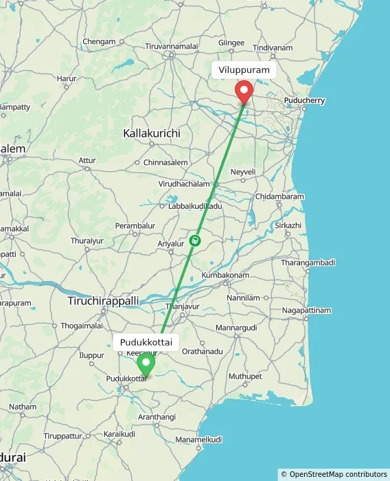 Route map showing distance and travel time from Pudukkottai, India to Viluppuram, India
