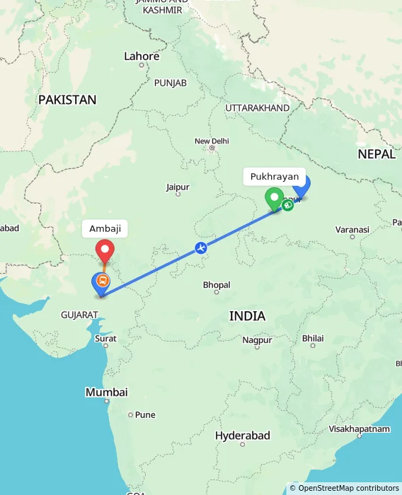 Route map showing distance and travel time from Pukhrayan, India to Ambaji, India