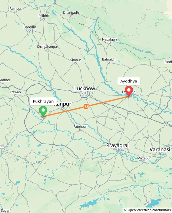 Route map showing distance and travel time from Pukhrayan, India to Ayodhya, India