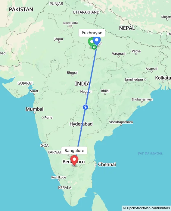 Route map showing distance and travel time from Pukhrayan, India to Bangalore, India