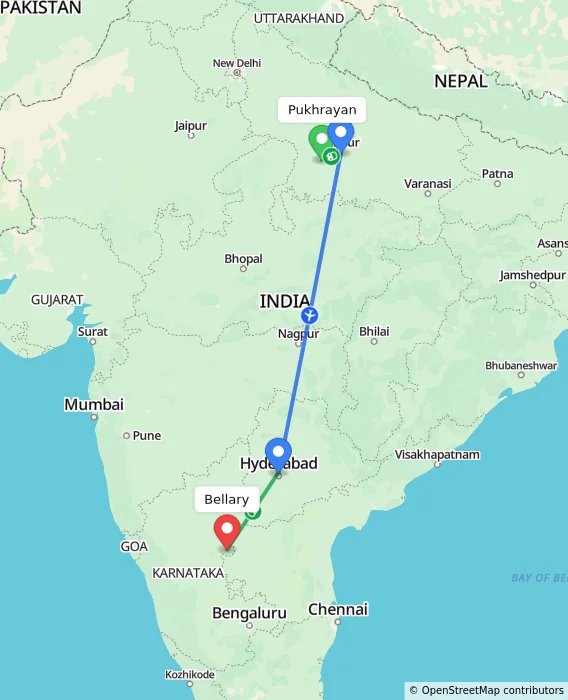 Route map showing distance and travel time from Pukhrayan, India to Bellary, India
