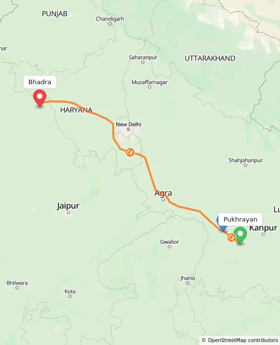 Route map showing distance and travel time from Pukhrayan, India to Bhadra, India