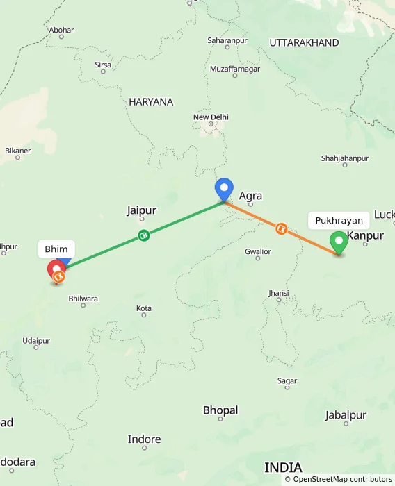 Route map showing distance and travel time from Pukhrayan, India to Bhim, India