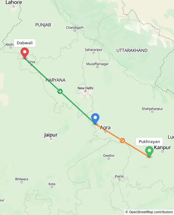 Route map showing distance and travel time from Pukhrayan, India to Dabwali, India