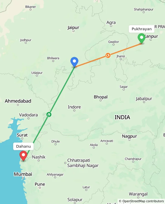 Route map showing distance and travel time from Pukhrayan, India to Dahanu, India