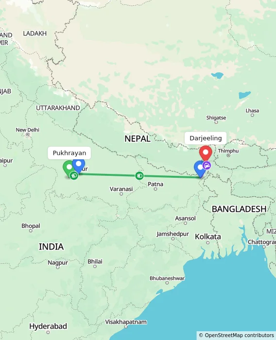 Route map showing distance and travel time from Pukhrayan, India to Darjeeling, India