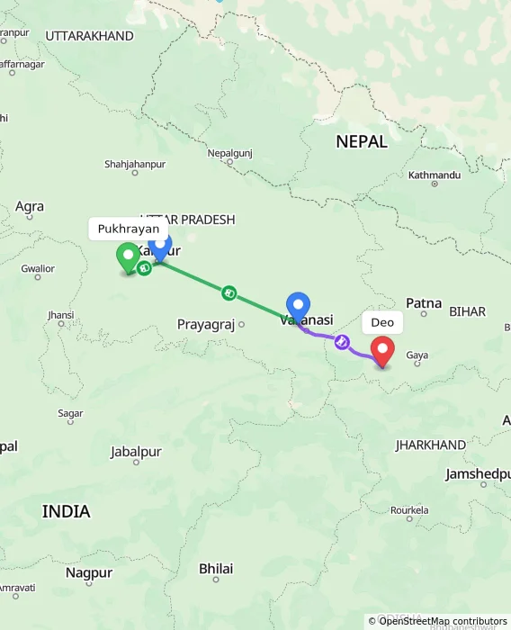Route map showing distance and travel time from Pukhrayan, India to Deo, India