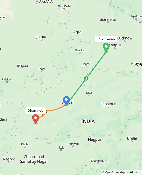 Route map showing distance and travel time from Pukhrayan, India to Dhamnod, India