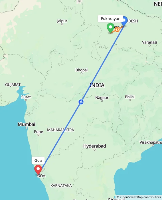 Route map showing distance and travel time from Pukhrayan, India to Goa, India