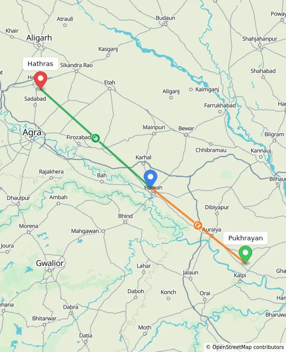 Route map showing distance and travel time from Pukhrayan, India to Hathras, India