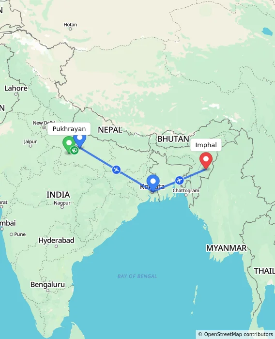 Route map showing distance and travel time from Pukhrayan, India to Imphal, India