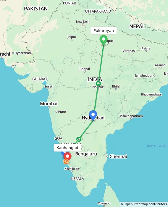 Route map showing distance and travel time from Pukhrayan, India to Kanhangad, India